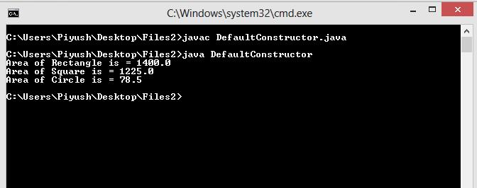 This image describes the output of sample program for default constructors in java.